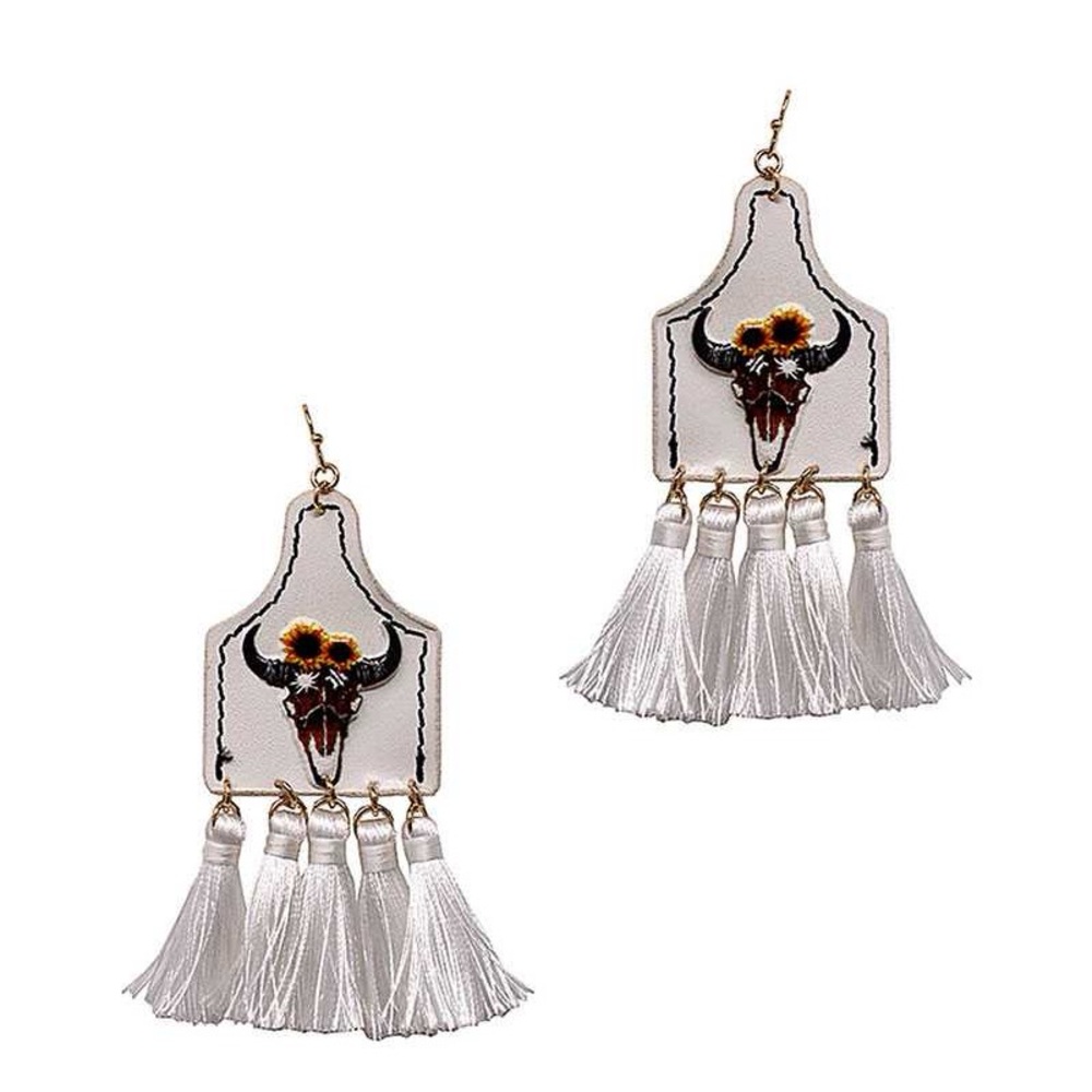 Stylish Western Cow Skull And Tassel Drop Earring